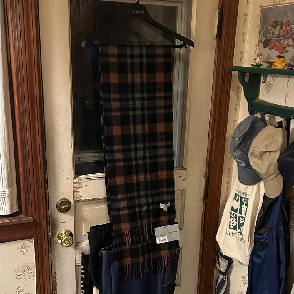 Hickey Freeman Black and Brown Plaid Cashmere Scarf
